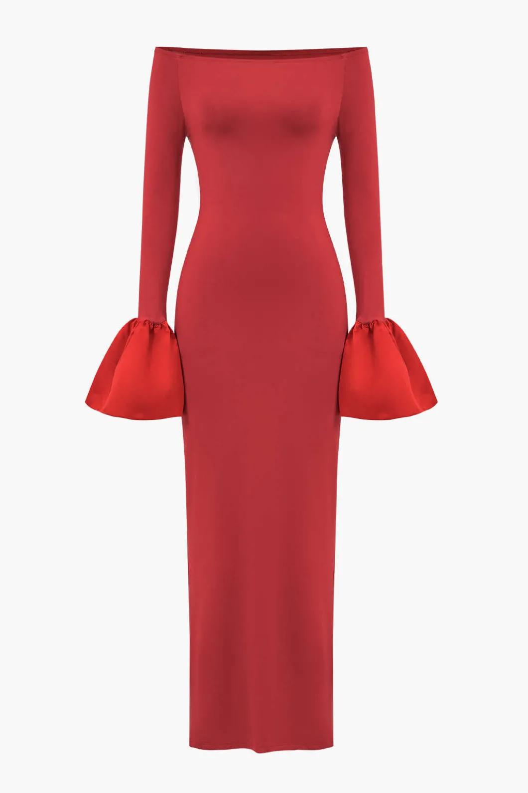 Solid Satin Off Shoulder Slit Maxi Dress>MICAS Clearance