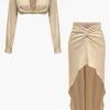 Solid Satin V-neck Cropped Shirt And Asymmetrical Skirt Set>MICAS Clearance