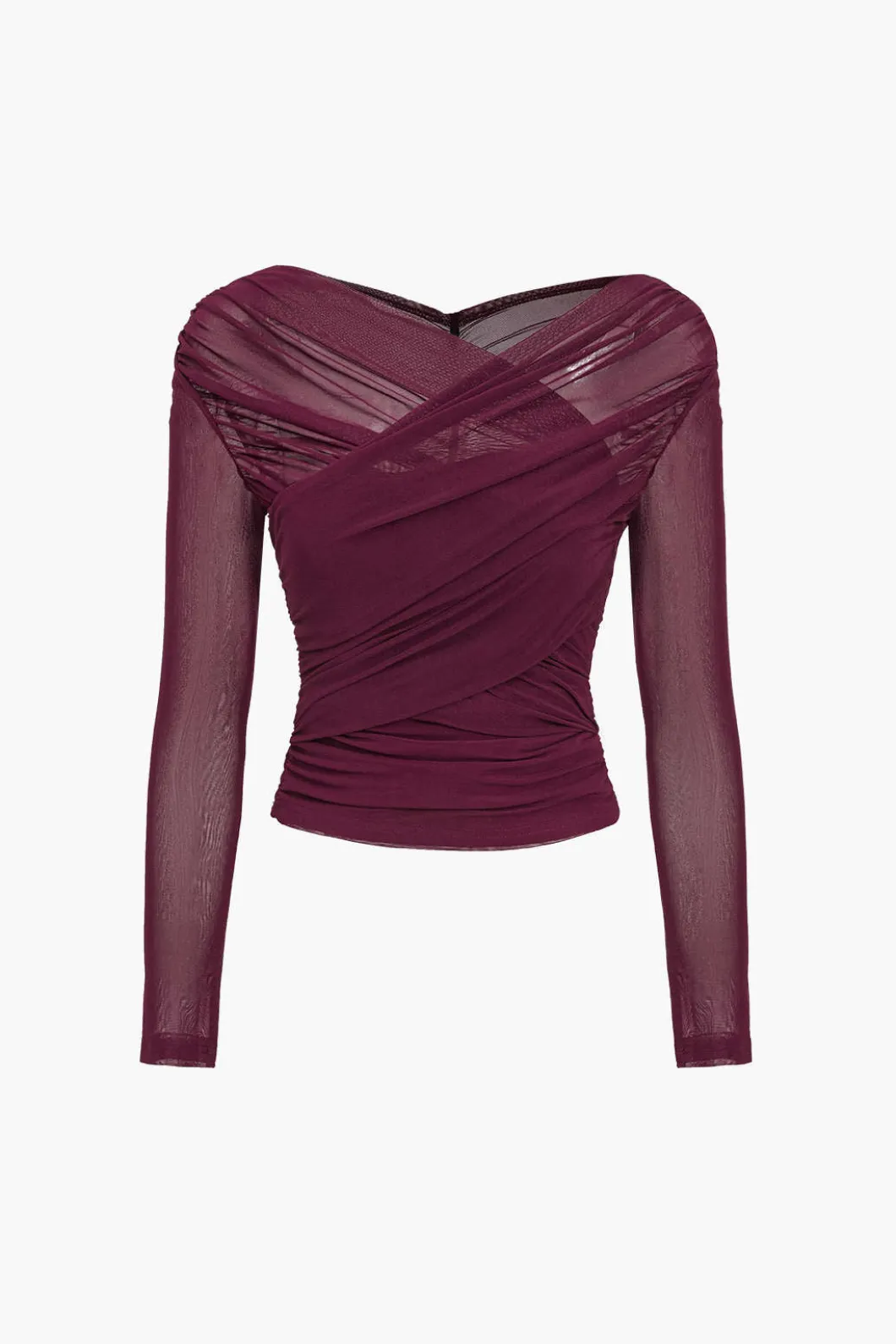 Solid Sheer Mesh Ruched Long-Sleeve Top>MICAS Hot