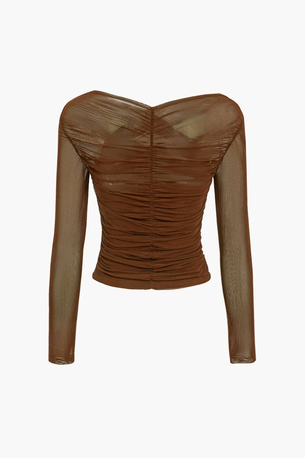 Solid Sheer Mesh Ruched Long-Sleeve Top>MICAS Hot