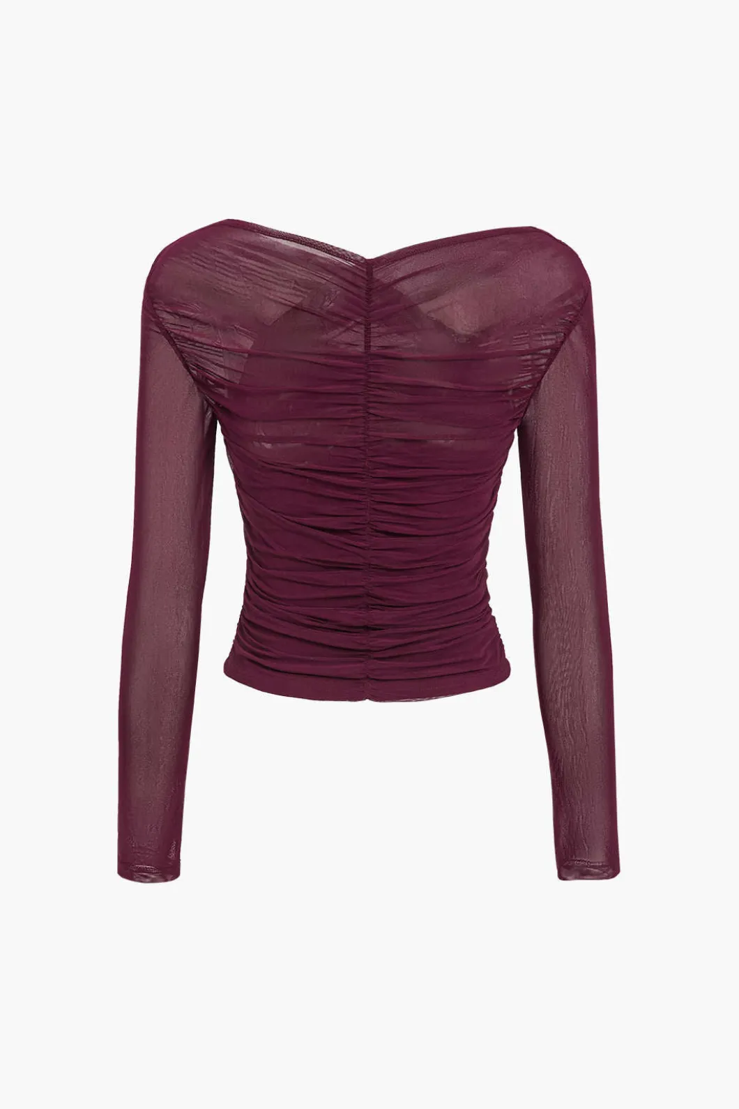 Solid Sheer Mesh Ruched Long-Sleeve Top>MICAS Hot