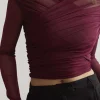 Solid Sheer Mesh Ruched Long-Sleeve Top>MICAS Hot