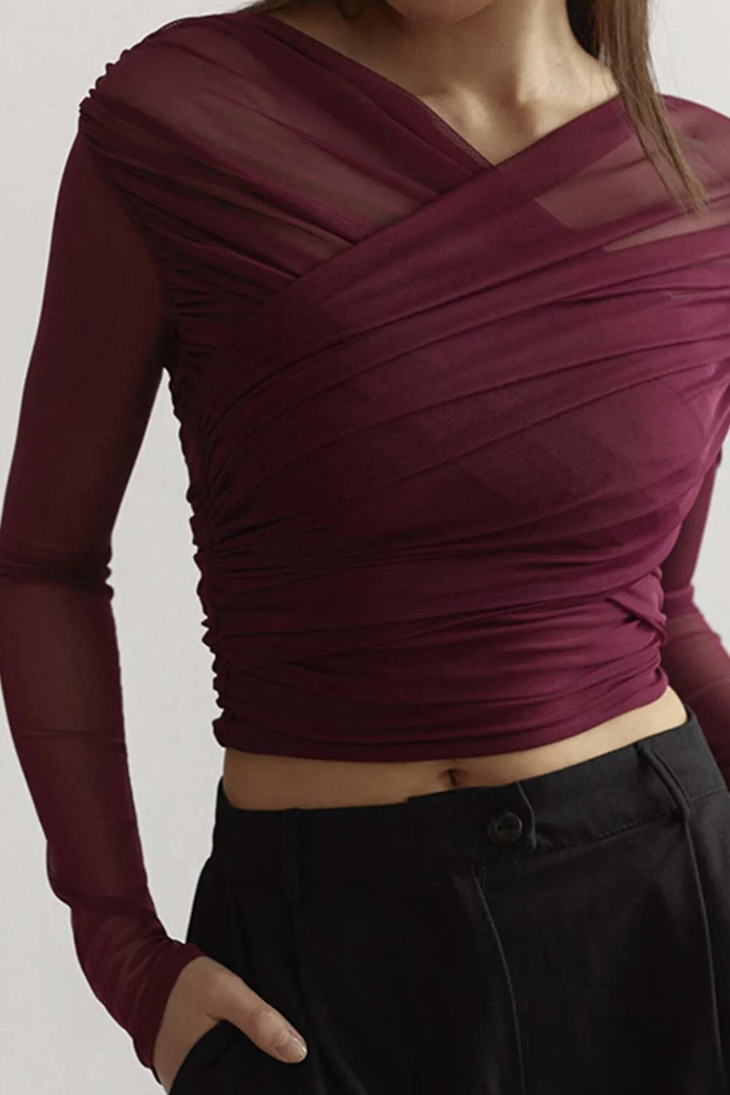 Solid Sheer Mesh Ruched Long-Sleeve Top>MICAS Hot