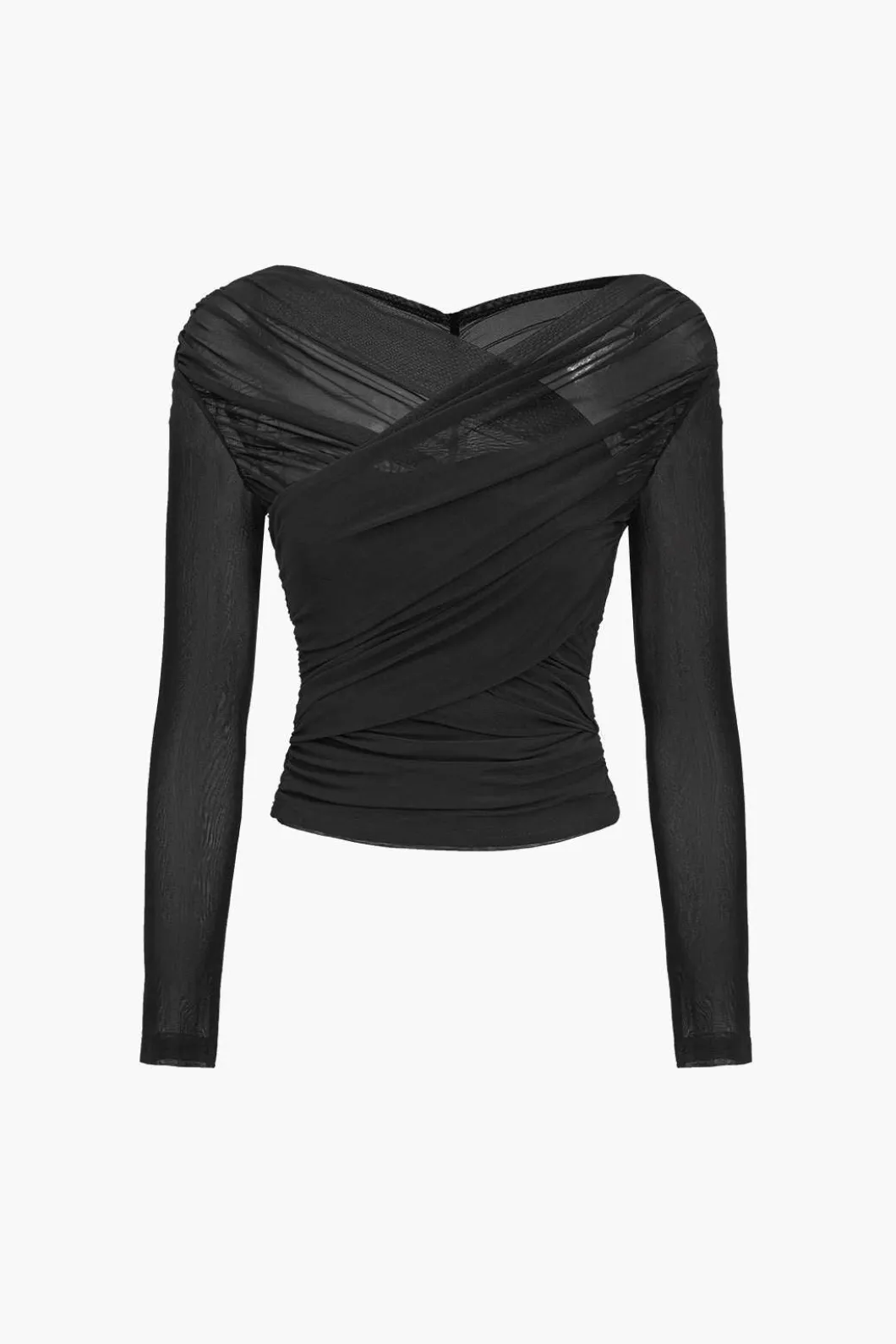 Solid Sheer Mesh Ruched Long-Sleeve Top>MICAS Hot