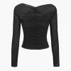 Solid Sheer Mesh Ruched Long-Sleeve Top>MICAS Hot