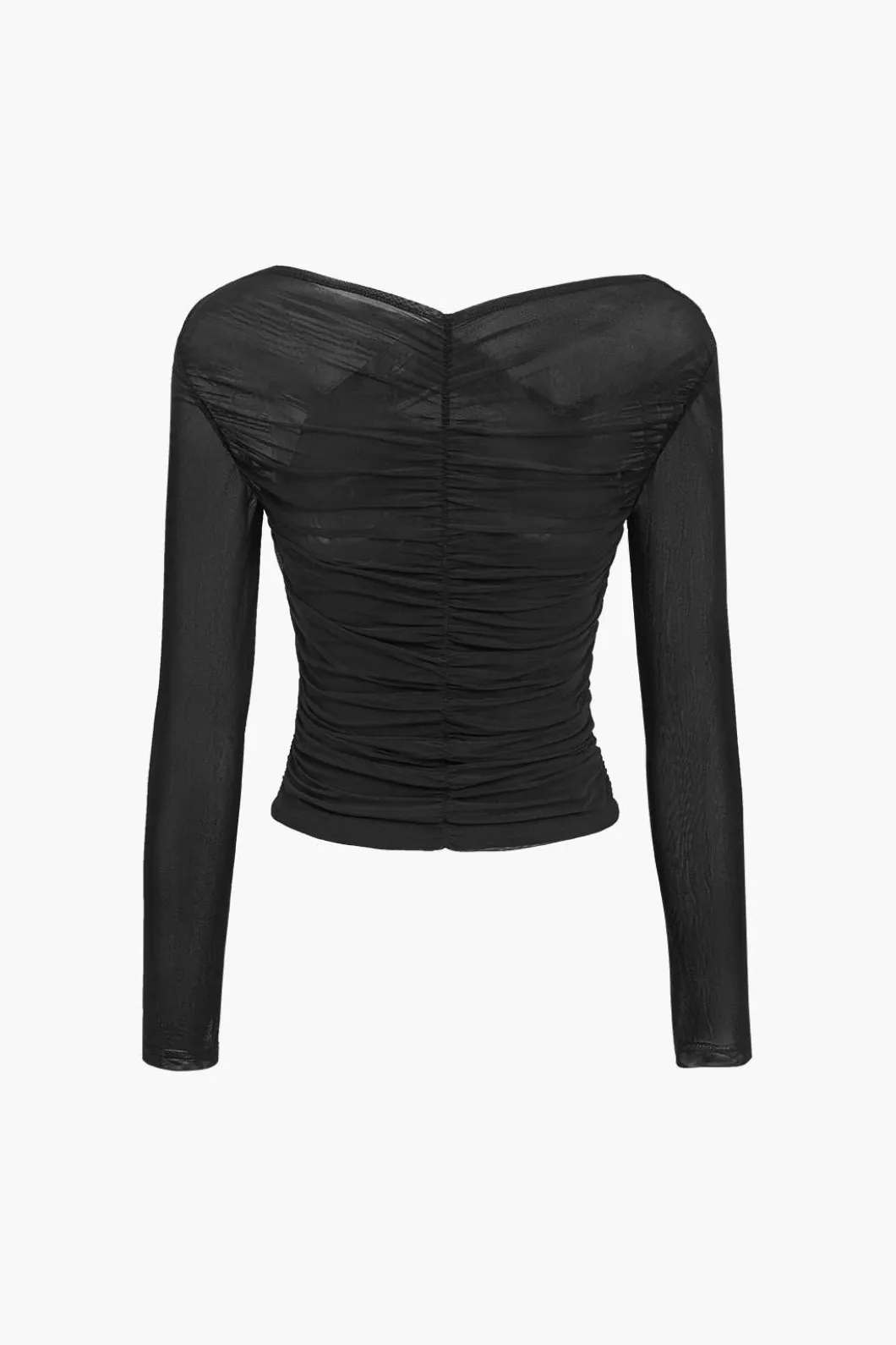 Solid Sheer Mesh Ruched Long-Sleeve Top>MICAS Hot