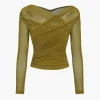 Solid Sheer Mesh Ruched Long-Sleeve Top>MICAS Hot