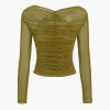 Solid Sheer Mesh Ruched Long-Sleeve Top>MICAS Hot