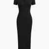 Solid Slit Collar Midi Dress>MICAS Fashion