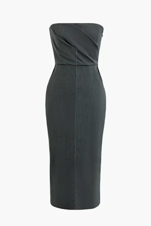 Solid Slit Ruched Strapless Midi Dress>MICAS Sale