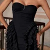 Solid Strapless Ruffle Mini Dress>MICAS New