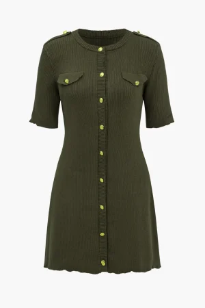 Solid Sweater Button Fake Pockets Mini Dress>MICAS Best