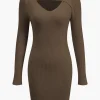 Solid Sweater Cut Out Long Sleeve Mini Dress>MICAS Hot