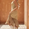 Solid Sweater Fringe Asymmetrical Dress>MICAS Fashion