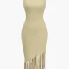 Solid Sweater Fringe Asymmetrical Dress>MICAS Fashion