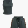 Solid Tank Top And Fringe Drawstring Shorts Set>MICAS Outlet
