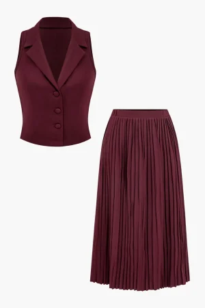 Solid Tank Top And Pleated Skirt Set>MICAS Best