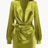 Solid Tie Front Draped Cowl Neck Belted Mini Dress>MICAS Outlet
