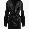Solid Tie Front Draped Cowl Neck Belted Mini Dress>MICAS Outlet
