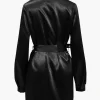 Solid Tie Front Draped Cowl Neck Belted Mini Dress>MICAS Outlet