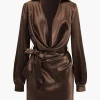 Solid Tie Front Draped Cowl Neck Belted Mini Dress>MICAS Outlet