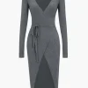 Solid Tie Front Long Sleeve Midi Dress>MICAS Sale