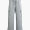 Solid Tie Front Shirred Waistband Pocket Drawstring Trousers>MICAS New