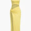 Solid Twist Front Cut Out Slit Midi Dress>MICAS Hot