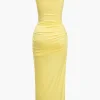 Solid Twist Front Cut Out Slit Midi Dress>MICAS Hot