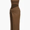 Solid Twist Front Cut Out Slit Midi Dress>MICAS Hot