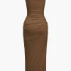 Solid Twist Front Cut Out Slit Midi Dress>MICAS Hot
