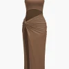 Solid Twist Front Cut Out Slit Midi Dress>MICAS Hot