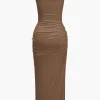 Solid Twist Front Cut Out Slit Midi Dress>MICAS Hot