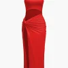 Solid Twist Front Cut Out Slit Midi Dress>MICAS Hot
