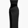 Solid Twist Front Cut Out Slit Midi Dress>MICAS Hot