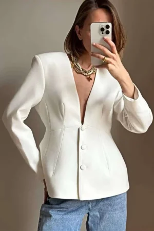 Solid V-neck Button Blazer>MICAS Sale