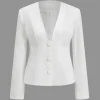 Solid V-neck Button Blazer>MICAS Sale