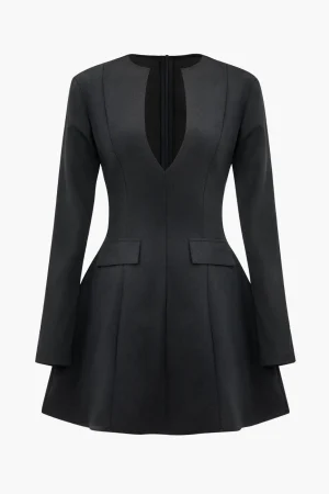 Solid V-neck Fake Pockets And Zipper Mini Dress>MICAS Sale