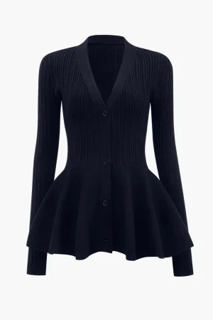 Solid V-neck Puff Hem Sweater Cardigan>MICAS Clearance