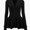 Solid V-neck Puff Hem Sweater Cardigan>MICAS Clearance