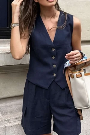 Solid V-neck Vest And Shorts Set>MICAS Hot