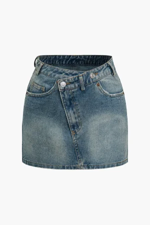 Solid Washed Pocket Zipper Denim Skirt>MICAS New