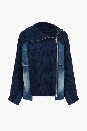 Solid Zipper Detail Patchwork Sweater Cardigan>MICAS Sale
