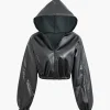 Solid Zipper Hooded Faux Leather Jacket>MICAS Clearance