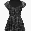 Square Neck Short Flutter Sleeve Checkered Vintage Playsuit>MICAS New