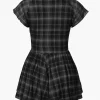 Square Neck Short Flutter Sleeve Checkered Vintage Playsuit>MICAS New