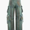 Stained Multi Flap Pocket Straight Leg Cargo Jeans>MICAS Sale