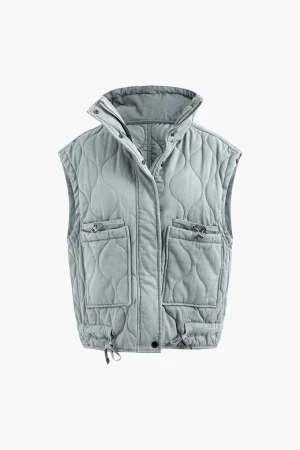 Stand Collar Drawstring Pocket Quilted Puffer Vest>MICAS Clearance
