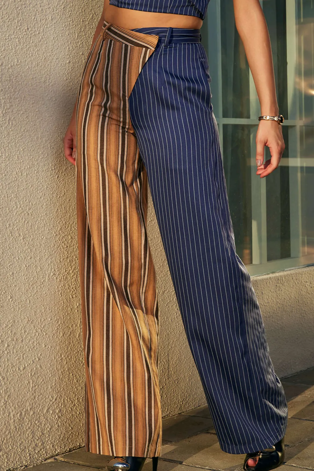 Stripe Asymmetrical Detail Color Block Print Trousers>MICAS Hot