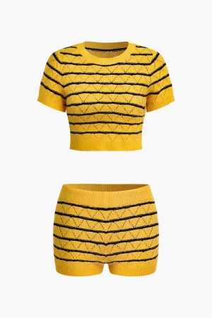 Stripe Crop Knit Top And Shorts Set>MICAS Hot